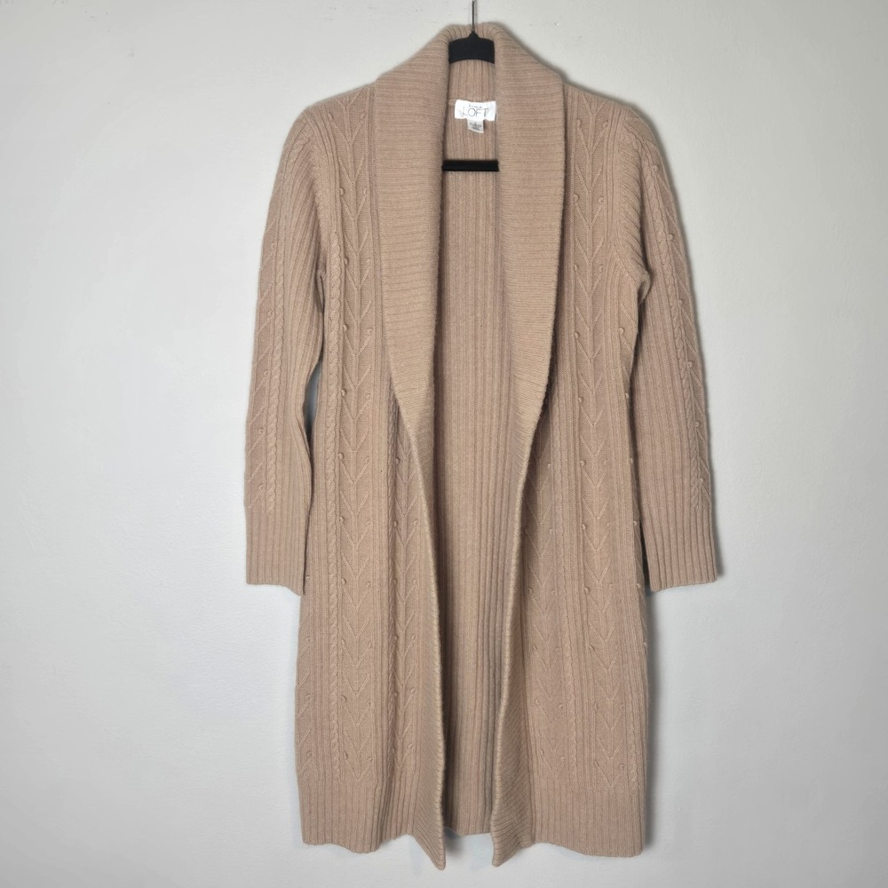 Loft Sz S Ribbed Knit Chunky Wool Rabbit Hair Blend Camel Open Cardigan Sweater
